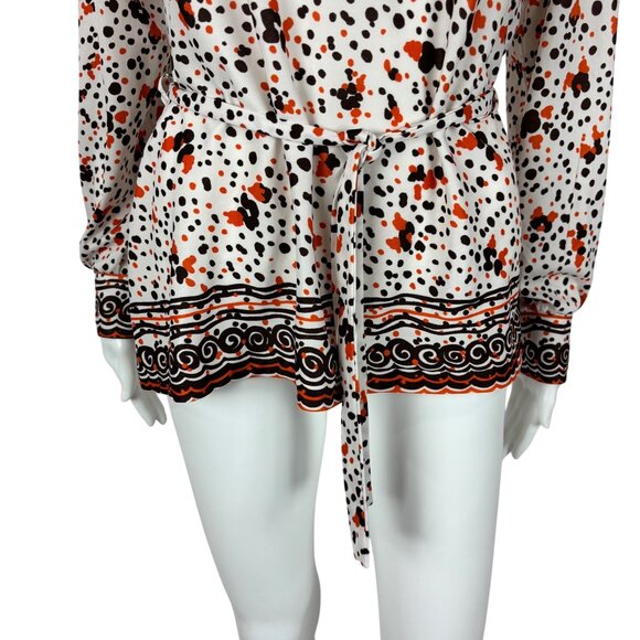 Vintage 70s Spotted Top Women's Medium Orange Brown Border Print Collared Shirt - Picture 3 of 8